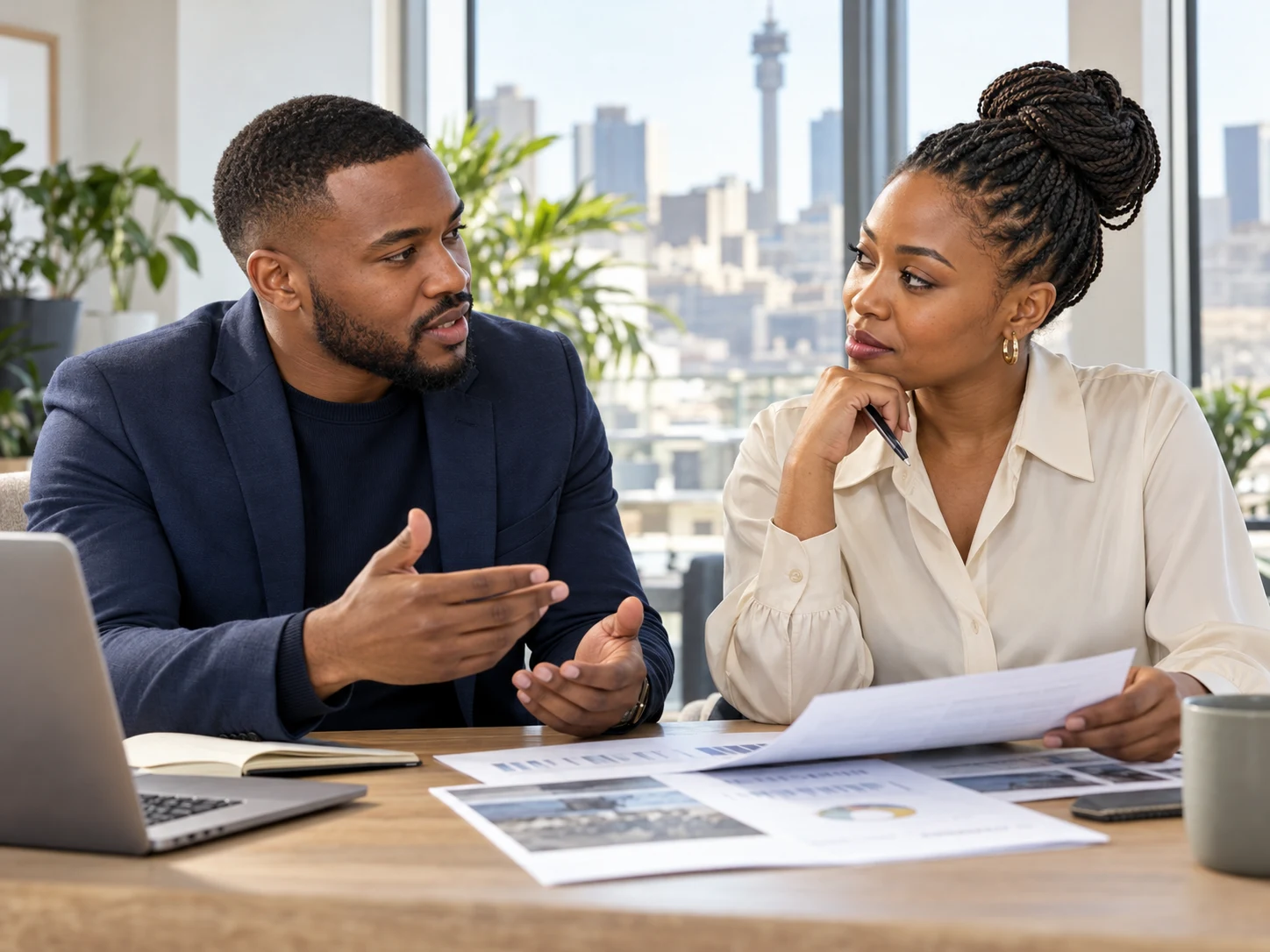 Illustrative business consultation in a bright office